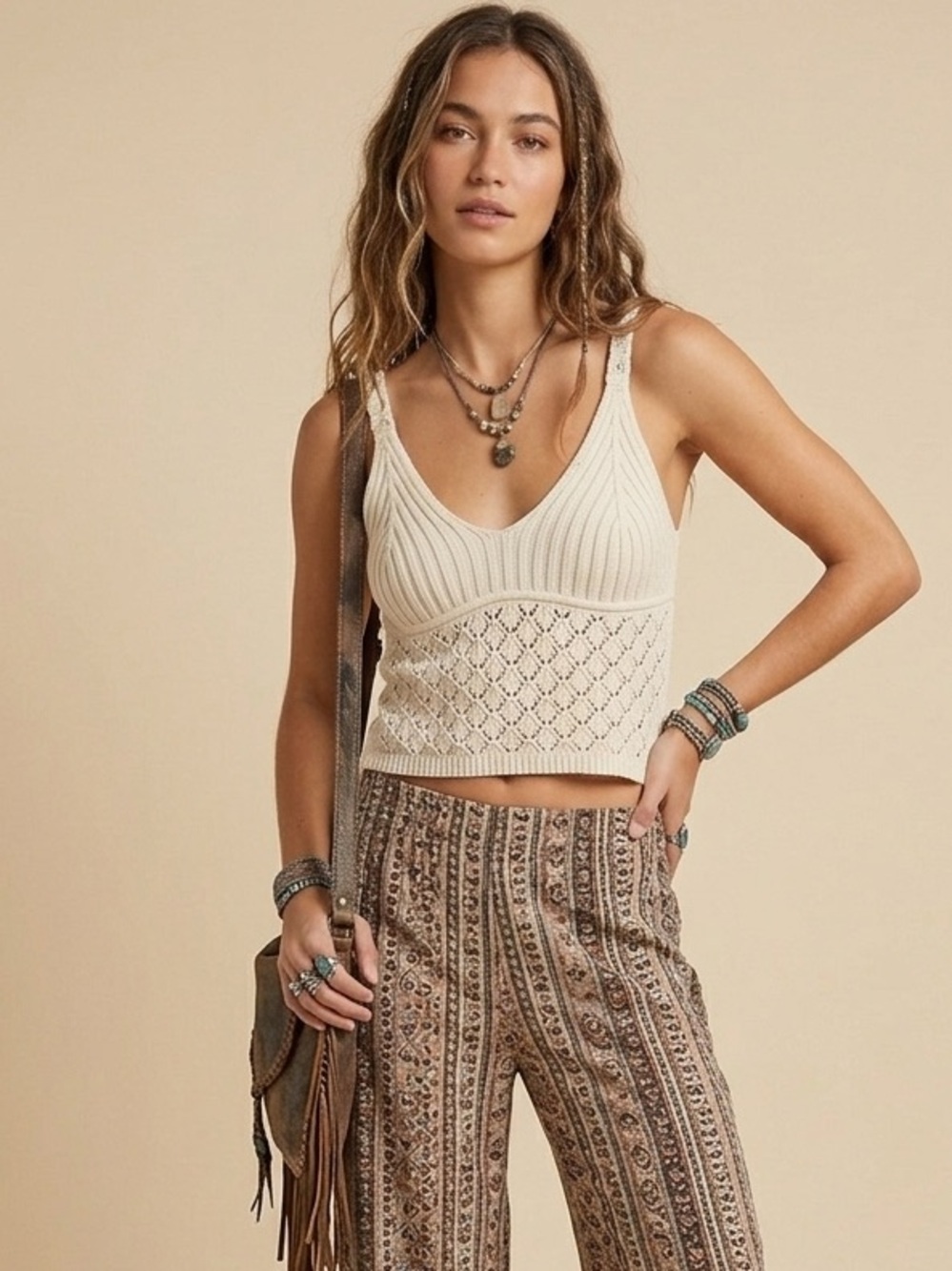 Streetwear Society Cream Knit Crochet Crop Tank